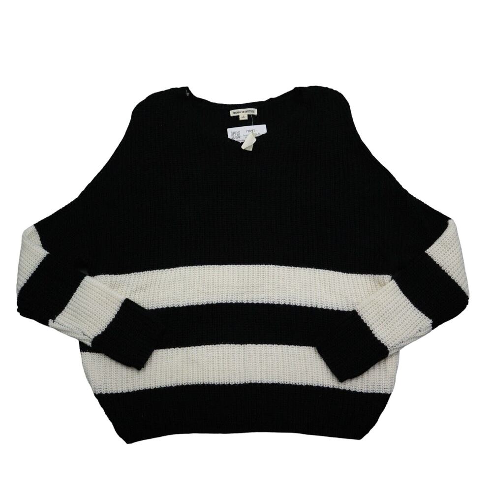 Zenana Outfitters Sweater Womens S Black Ivory Long Sleeve VNeck Stripe Acrylic